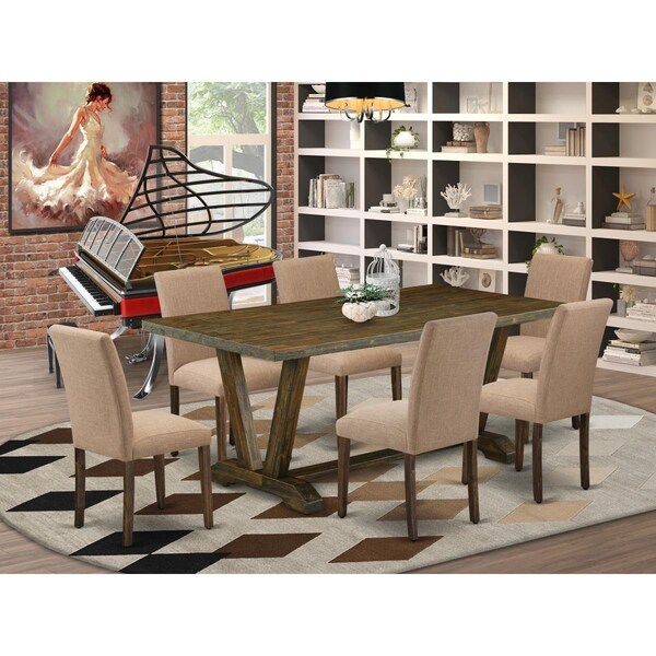 East West Furniture 7 Piece V-Style Wooden Dining Table Set - Distressed Jacobean V777AB747-7 - main
